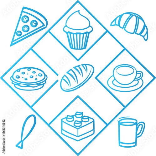 Various food and drink items in blue outline pizza cupcake