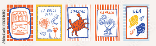 Whimsical hand drawn coastal cards set with sardines, italian food, mermaid and fish, crab. Summer mediterranean vacation on seaside. Wedding coquette greeting card template vector illustration
