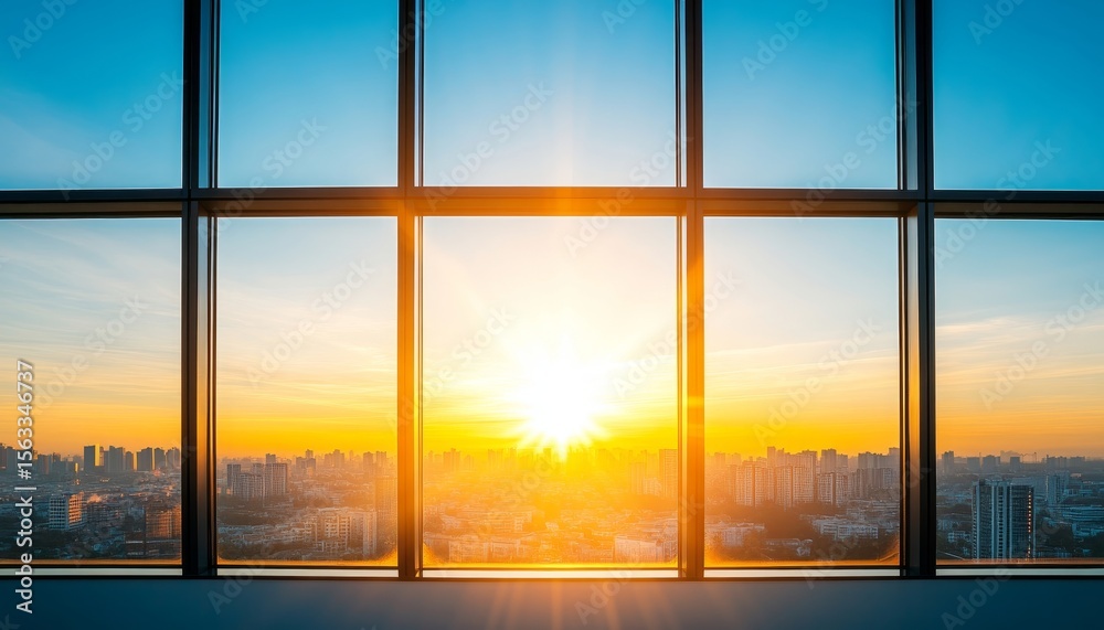 Fototapeta premium Beautiful Sunrise Over City Skyline, Skyscrapers Glowing in Golden Light, City Reflections Sparkling
