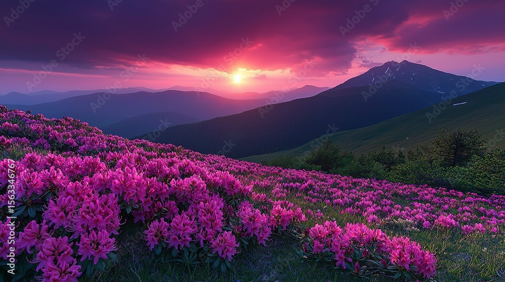 Fototapeta premium Breathtaking sunrise over the Carpathian Mountains with vibrant pink and purple sky illuminating blooming rhododendrons on alpine hillside