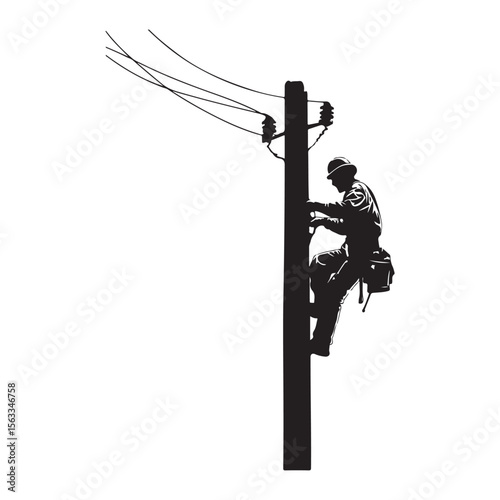 Lineman silhouette climbing electric pole vector artwork, Lineman silhouette vector flat illustration design