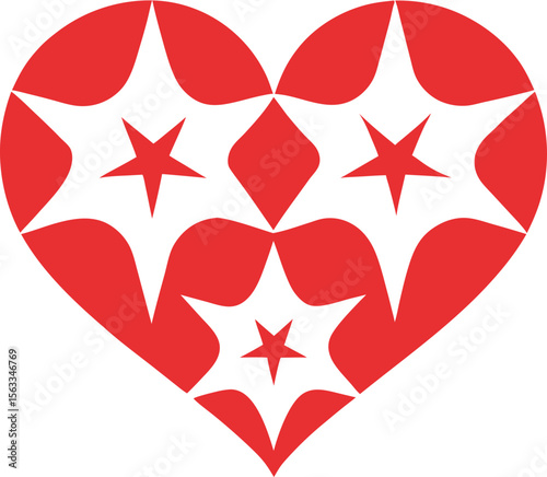 A red heart with white starburst shapes isolated on white background