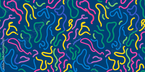 Fun colorful line doodle seamless pattern. Creative minimalist style art background for children or trendy design with basic shapes. Simple childish scribble backdrop. Vector illustration