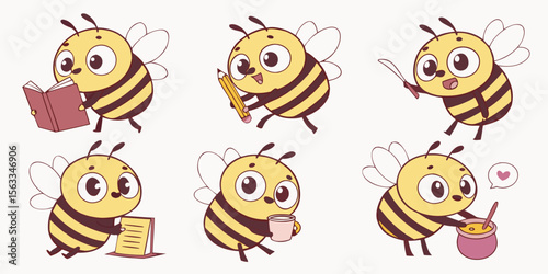 Funny cartoon bee characters illustrate a set of cute flying insects enjoying flowers and honey in nature