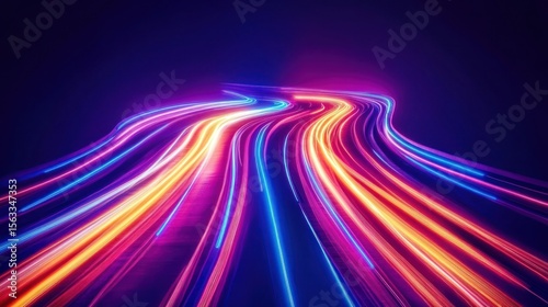 Abstract vibrant neon light streaks forming a winding path