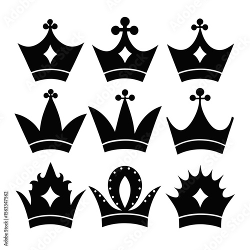 Collection of nine distinct black silhouette crown icons on white background