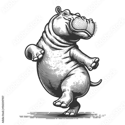 Dancing Hippopotamus sketch engraving generative ai fictional character vector illustration. Scratch board imitation. Black and white image.
