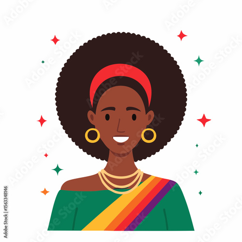 Stylish Woman with Afro Hairstyle: An elegant woman with an afro hairstyle, adorned with jewelry and vibrant accessories, radiating confidence and beauty in a colorful and festive ambiance.