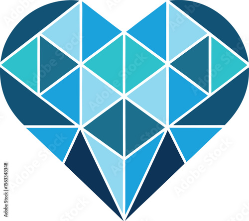 A geometric heart made of blue triangles, isolated on white background