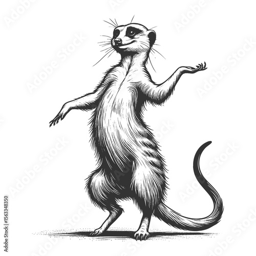 Dancing Meerkat sketch engraving generative ai fictional character vector illustration. Scratch board imitation. Black and white image.