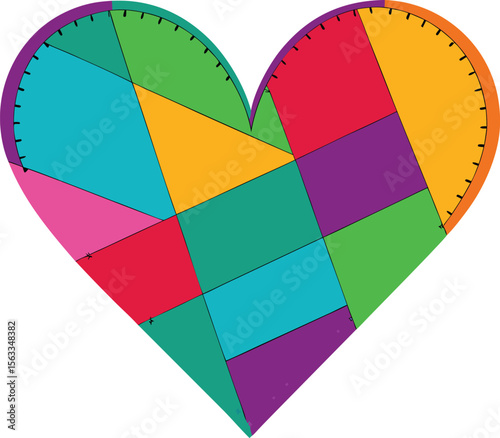 A colorful patchwork heart design, isolated on white background
