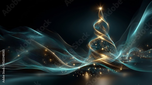 Abstract Christmas tree made of glowing lines and sparkling lights against a dark background