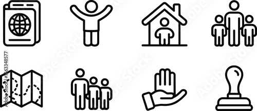 Set of icons representing travel, migration, and family, including passport, house, map, and human figures