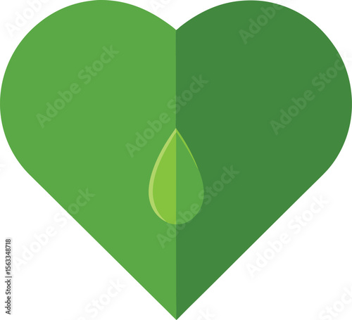 A green heart with a green drop in the center isolated on white background