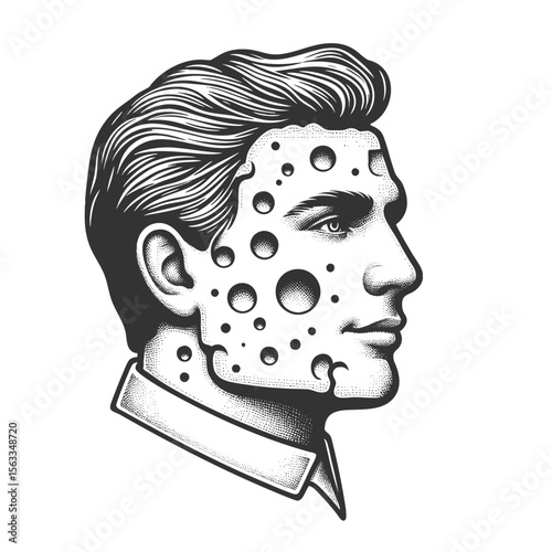 Cheese Head sketch engraving generative ai fictional character vector illustration. Scratch board imitation. Black and white image.