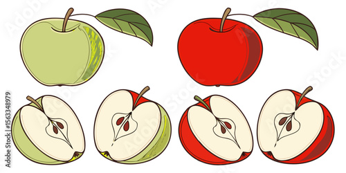 A vibrant illustration of fresh, sweet red and green apples with leaves, perfect for a healthy food icon or organic fruit set
