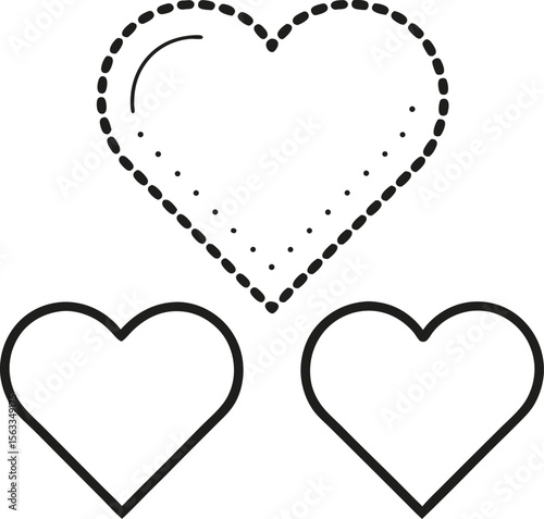 Three simple heart outlines isolated on white background represent love and affection