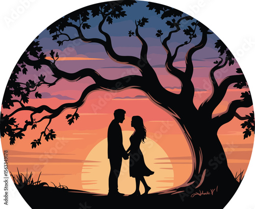 Romantic couple holding hands under a silhouette tree at sunset