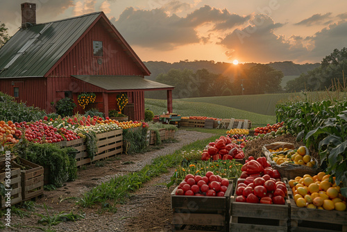 Rustic farm market at sunset. Wooden crates filled with fresh produce,  a charming red barn, and rolling hills under a golden sunset.