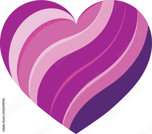 A pink and purple striped heart with wavy lines is isolated on white background