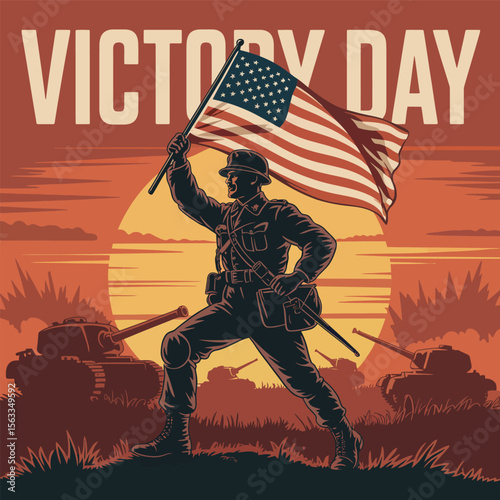 Soldier holding american flag in front of tanks and explosion at sunset