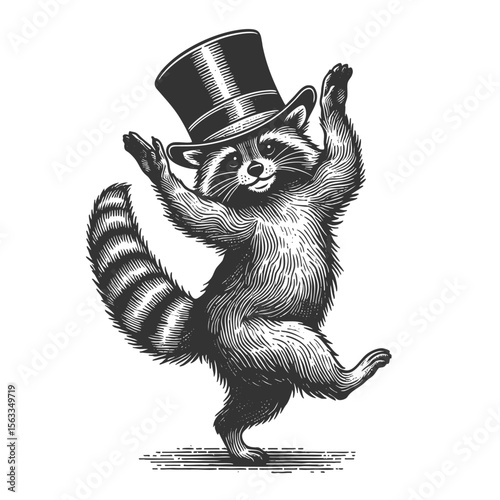 cheerful raccoon dancing with a tall top hat, full of charm and playfulness sketch engraving generative ai vector illustration. Scratch board imitation. Black and white image.