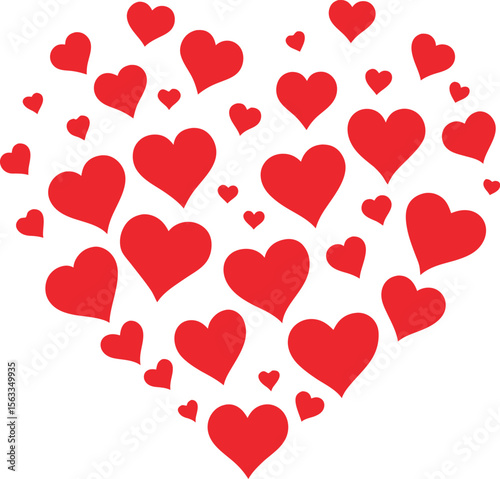 Many small red hearts arranged in a heart shape on white background