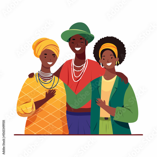 Embracing Heritage: Three individuals of color, adorned in vibrant attire and accessories, stand shoulder-to-shoulder in a display of cultural pride and camaraderie.
