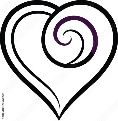 A black and purple heart with a spiral design isolated on white background