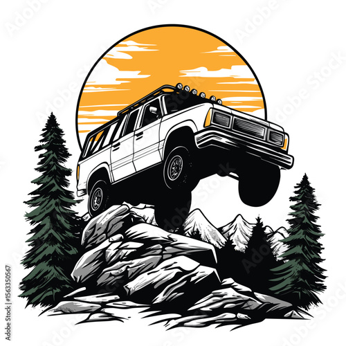 Vector Mountain Off‑Road Car Adventure T‑Shirt Design	