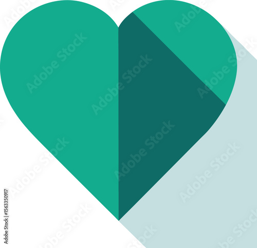 A teal heart shape with a long shadow is isolated on white background