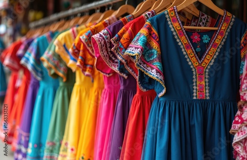 Vibrant display traditional Mexican dresses hanging in market. Dresses feature colorful embroidery, hand-made textiles. Authentic apparel, folk art, reflecting rich culture. Suitable for fashion,