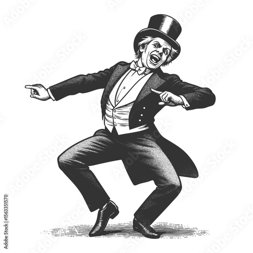 gentleman in a tuxedo striking a flamboyant dance pose with exaggerated flair sketch engraving generative ai fictional character vector illustration. Scratch board imitation. Black and white image.