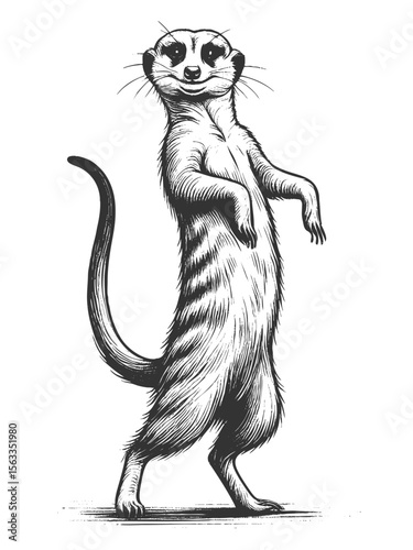 Dancing Meerkat sketch engraving generative ai fictional character vector illustration. Scratch board imitation. Black and white image.