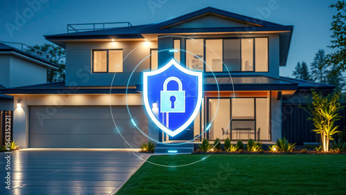 A modern house protected by a digital shield and lock, symbolizing a smart security system. Suitable for advertising security, IT and smart homes.
