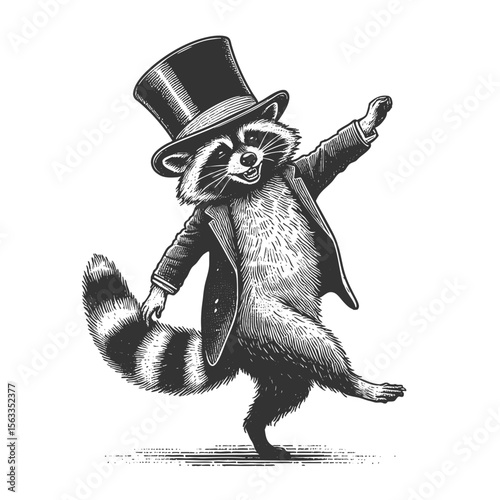 cheerful raccoon dancing with a tall top hat, full of charm and playfulness sketch engraving generative ai vector illustration. Scratch board imitation. Black and white image.