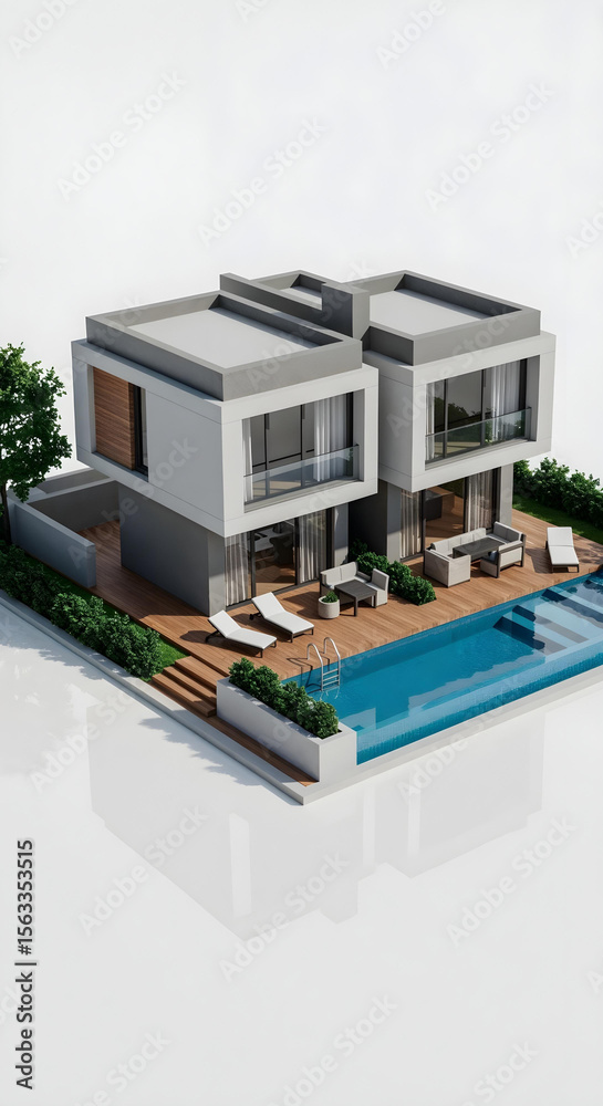 Fototapeta premium High-resolution product shot of a modern two-story villa architectural model with pool, isolated on white with reflection.