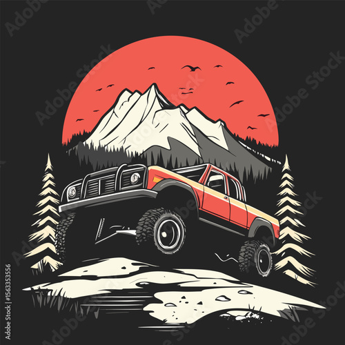 Vector Mountain Off‑Road Car Adventure T‑Shirt Design	