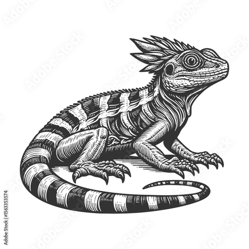 mythical Lizard sketch engraving generative ai fictional character vector illustration. Scratch board imitation. Black and white image.