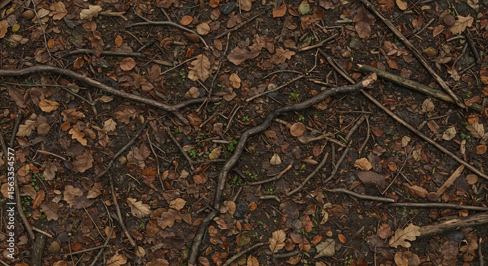 Overhead view of a forest floor covered with fallen brown leaves twigs large branches and dark soil Overhead view of a forest floor covered with fallen brown leaves twigs large branches and dark soil