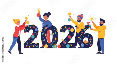 Joyful Diverse Characters Decorating Large 2026 Numbers With Festive Lights and Holiday Ornaments