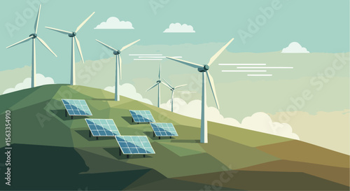Eco-Friendly Energy Landscape With Wind Turbines And Solar Panels On Rolling Hills