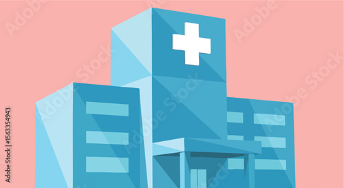 Vibrant Flat Design Hospital Architecture with a Prominent White Cross Against a Pink Background
