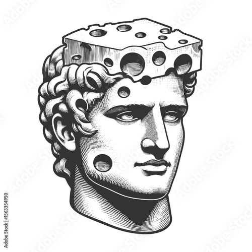 Cheese Head sketch engraving generative ai fictional character vector illustration. Scratch board imitation. Black and white image.