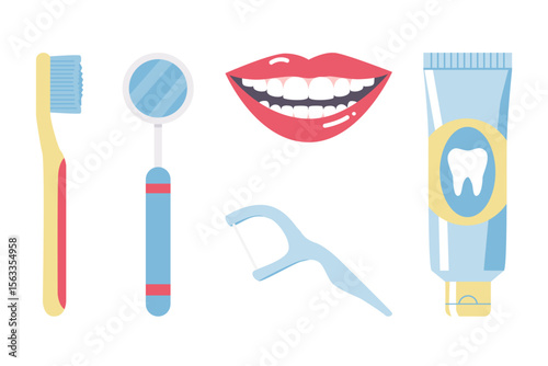 Dental care set with toothbrush, toothpaste, floss, and smiling mouth