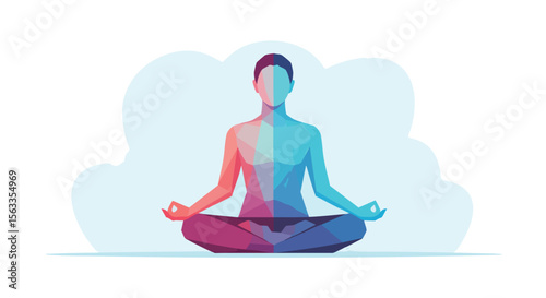 Colorful Geometric Figure Meditating in Lotus Pose, Symbolizing Calm, Balance, and Mindfulness