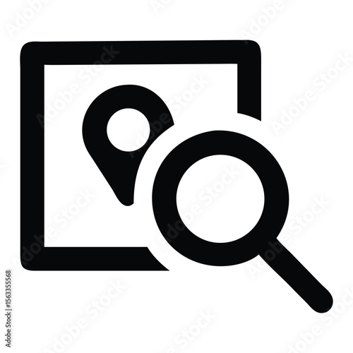 Black map pin and magnifying glass icon location search