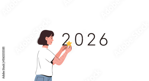 Optimistic Young Woman Places Shiny Star into 2026, Symbolizing Future Goals and Success.