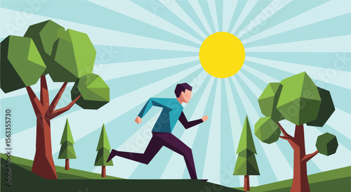 Energetic Man Running Through a Lush Green Park Landscape Under a Bright Sunny Sky