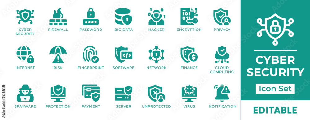 Fototapeta premium Cyber Security Icon Set. Features icons of data protection, firewalls, encryption, malware, secure access, and threats. Perfect for IT, tech, and digital security content.
